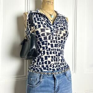 Morgan sleeveless sheer button up with Morgan lettering design navy/white size S